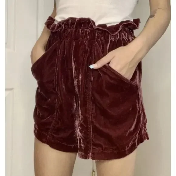 Free People At First Sight Velvet Paperbag Shorts High Rise Red Wine Burgundy XS - Picture 12 of 12